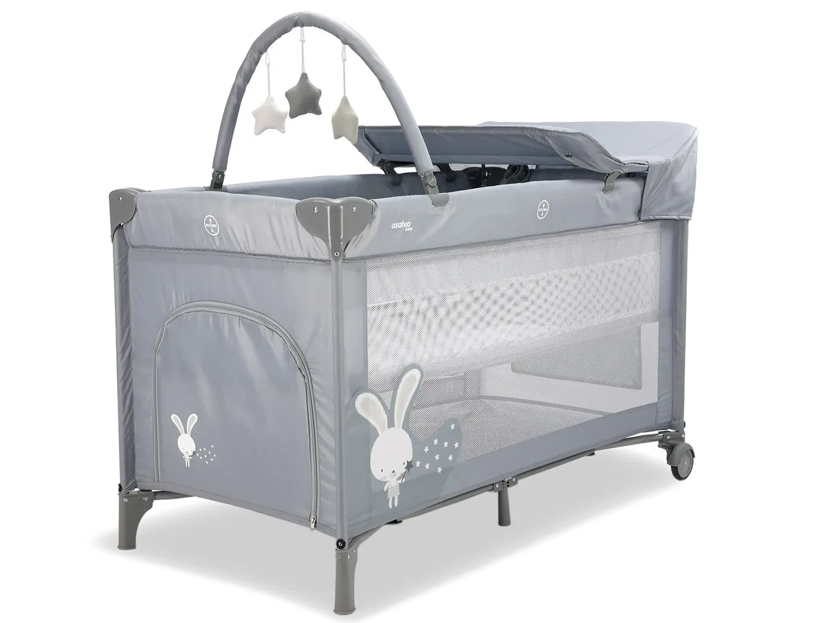 Asalvo Reisebett Complet mit Einhang, Wickelauflage und Öffnung Rabbit, Grau - Bild 1